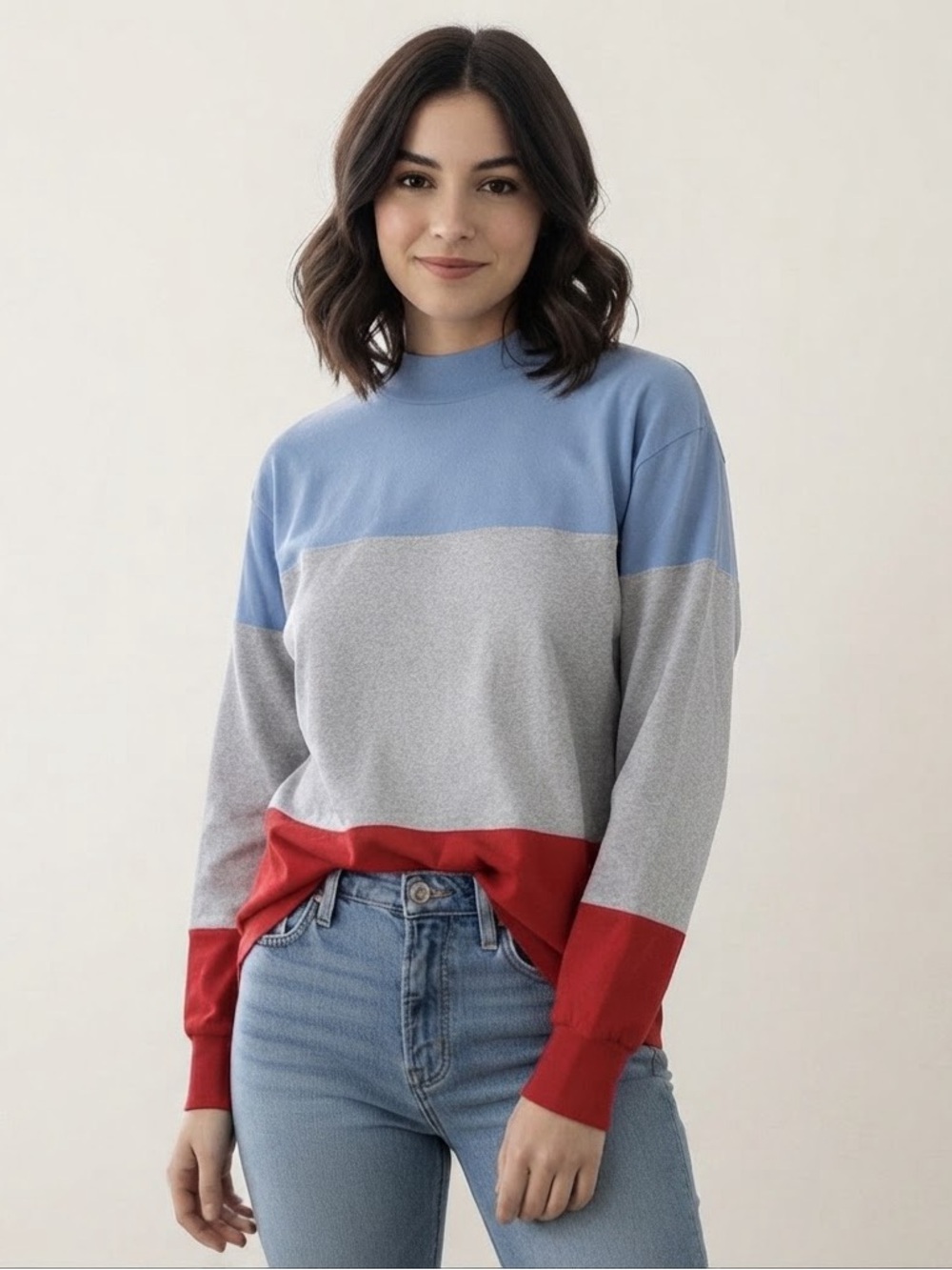 Aritzia TNA Sz S Relaxed Colorblock Red Grey Blue Casual Long Sleeves Shirt